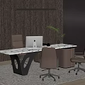 Elegant Modern Office Desk Interior With Marble Top Leather Chair And Floor Lamp