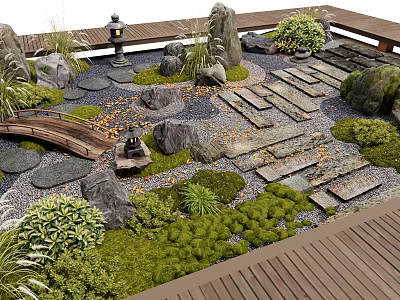 Microtopography Landscape With Stones Moss Green Plants Wooden Bridge And Stone Paths 3d model