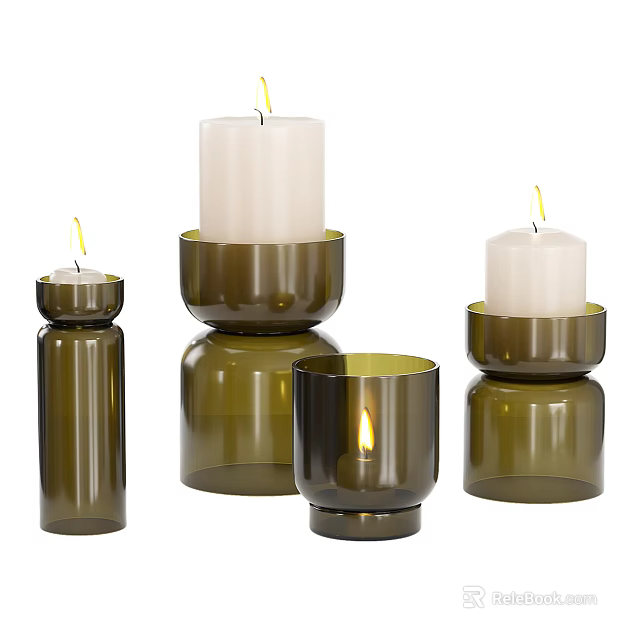 Green Glass Candle Holders With Different Sizes And Lit White Candles 3d model 