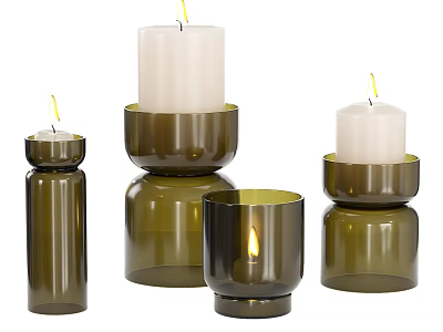 Green Glass Candle Holders With Different Sizes And Lit White Candles 3d model