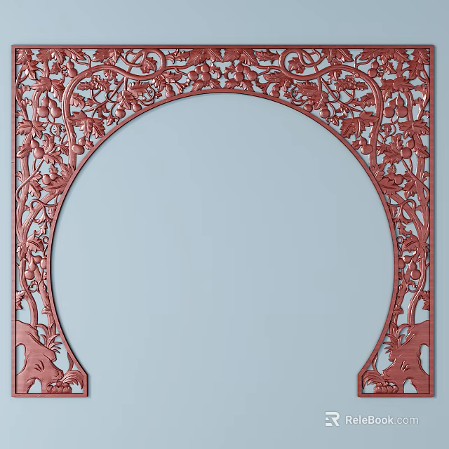 Red Intricately Carved Door Arch With Traditional Floral Patterns And Interior Decoration 3d model 