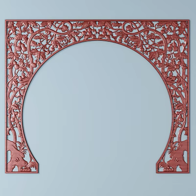 Red Intricately Carved Door Arch With Traditional Floral Patterns And Interior Decoration 3d model