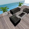 Modern Outdoor Sofa With Fire Pit Potted Plants On Wooden Deck Sea View