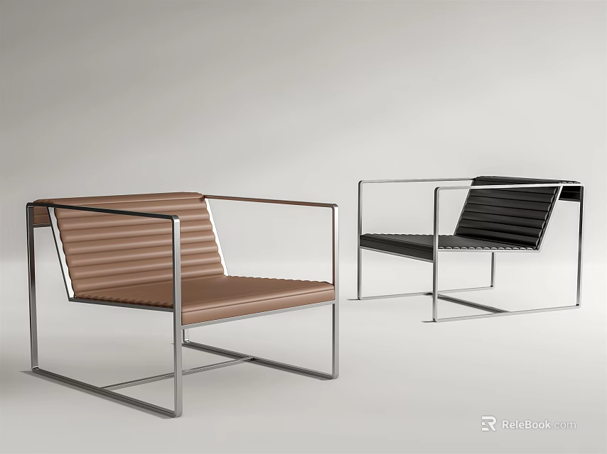 Modern Minimalist Leisure Chairs With Wooden Slatted Seat Back And Metal Frame In Brown Black 3d model 