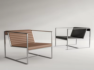 Modern Minimalist Leisure Chairs With Wooden Slatted Seat Back And Metal Frame In Brown Black 3d model