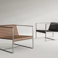 Modern Minimalist Leisure Chairs With Wooden Slatted Seat Back And Metal Frame In Brown Black