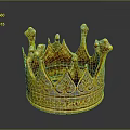 Golden Ornate Royal Crown Headwear With Carved Patterns And Decorative Spires