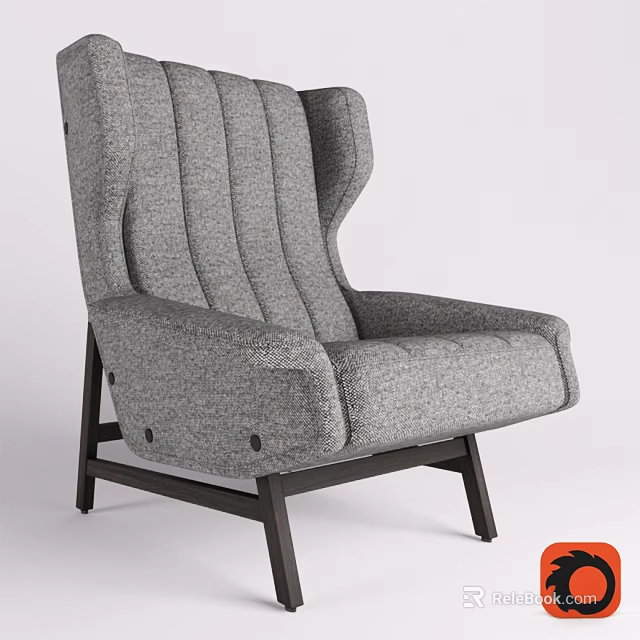Stylish Gray Fabric Leisure Chair With Striped Design Wide Backrest Armrests And Dark Legs 3d model 
