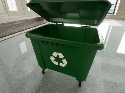 Public Facility Green Outdoor Recycling Trash Bin with Open Lid and Wheels 3d model