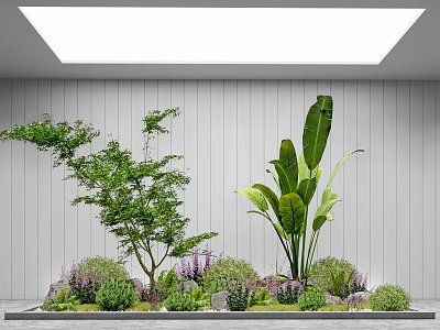 Decorative Garden Plants With Purple Flowers Green Leaves Against Gray Wall Skylight And Small Shrubs 3d model