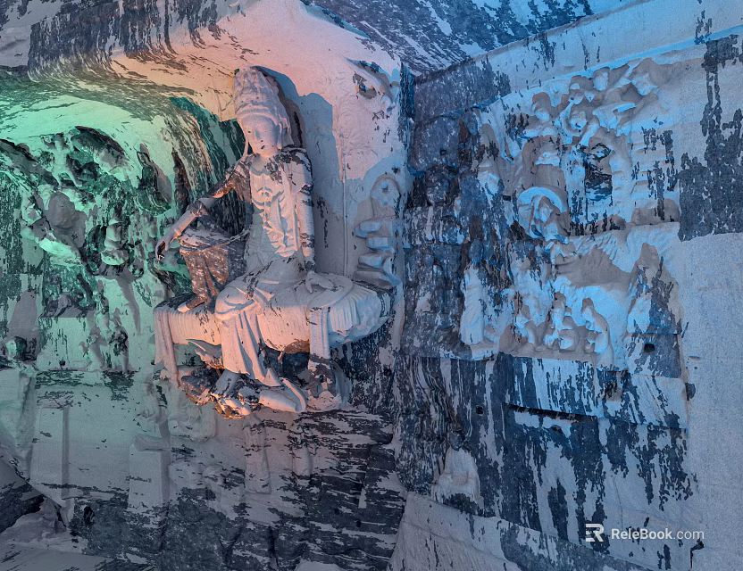 Ancient Cave Interior Featuring Intricate Buddha Statue And Detailed Mural Paintings 3d model 