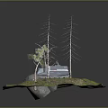 Military Vehicle in Grassland Terrain with Satellite Antenna Surrounded by Trees and Rocks