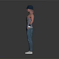 Man Wearing Blue Hat Gray Tank Top Jeans And Gloves Standing Pose