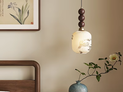Bedroom Pendant Light With White Lampshade Wooden Bedhead Side Orchid Painting And Blue Vase Plant 3d model