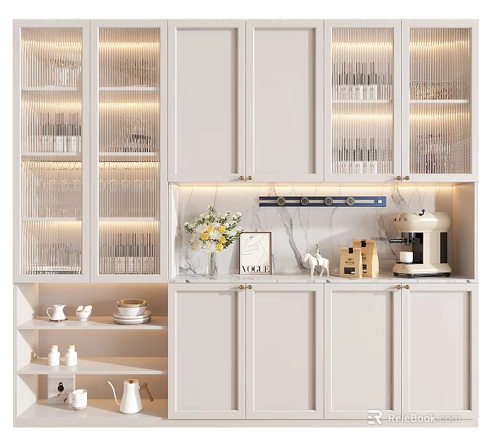 Modern Wine Cabinet with Glass Doors White Cabinets Interior Display Countertop Coffee Machine and Vase 3d model 