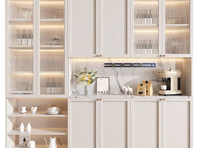 Modern Wine Cabinet with Glass Doors White Cabinets Interior Display Countertop Coffee Machine and Vase 3d model