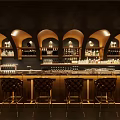 Luxurious Bar Interior With Marble Counter Leather Chairs Wine Racks And Chandeliers