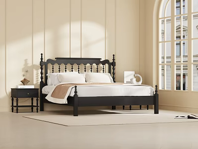 Black Wooden Double Bed With Carved Headboard And Nightstand In Bright Room With Large Window 3d model