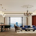Elegant Modern Open Concept Living and Dining Room with Marble Floor Round Ceiling and Plants