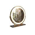 Round Illuminated Mirror with Gold Frame and Plant Curtain Reflection on Decorative Base