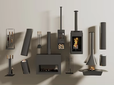 Various Modern Fireplace Designs With Chimney Firewood Storage And Tools 3d model