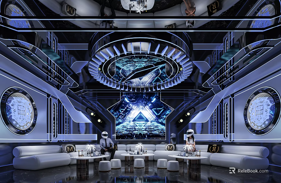 Modern KTV Interior Design With Futuristic Lighting And Comfortable Sofa Seats 3d model 