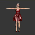 Woman In Red Strapless Dress With Blonde Short Hair And Arms Outstretched In Gray Background