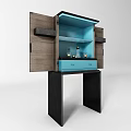 Wooden Storage Cabinet with Black Stand Open Door Revealing Blue Drawer and Interior Shelves