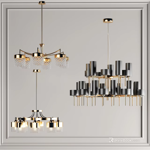 Elegant Modern Chandeliers With Geometric Metal Frame And Crystal Decor Elements 3d model