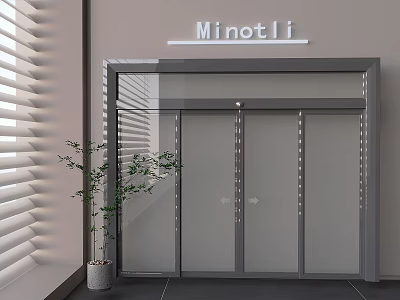 Modern Glass Sliding Doors With Gray Frame Minotli Storefront Potted Plant Window Blinds 3d model
