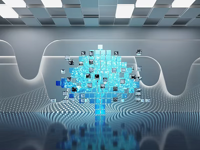 Modern Abstract Block Structure With Icons On Blue Toned Background And Grid Ceiling 3d model
