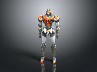 3D Humanoid Mecha Character With Orange White Gray Metallic Texture Standing Pose 3d model