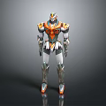 3D Humanoid Mecha Character With Orange White Gray Metallic Texture Standing Pose 3d model