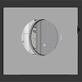 Cartoon Scene of White Room With Built-in Microwave Cabinets Circular Metal Mesh And Control Panel