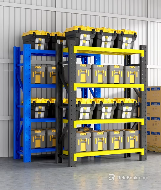 Blue and Gray Industrial Storage Shelving Units with Gray Bins Yellow Labels in Warehouse 3d model 