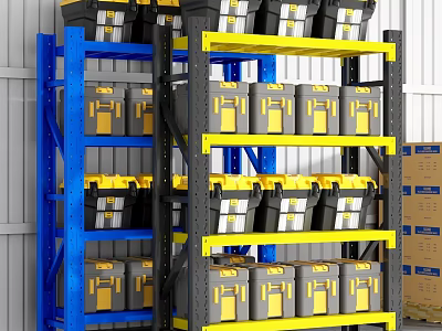 Blue and Gray Industrial Storage Shelving Units with Gray Bins Yellow Labels in Warehouse 3d model