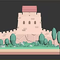 Commercial Equipment 3D Castle Display Model With Red Roof Green Trees And Reflective Base