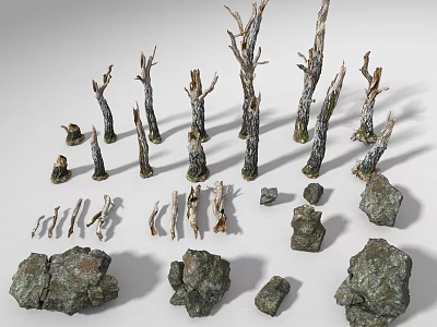 Natural Wood and Stone Decorative Elements with Driftwood Pieces and Natural Stone Rocks 3d model