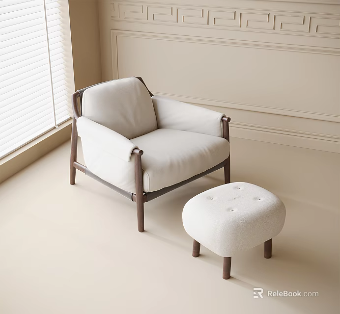Stylish Leisure Chair With Wooden Frame White Cushion And Ottoman In Light Colored Interior 3d model 