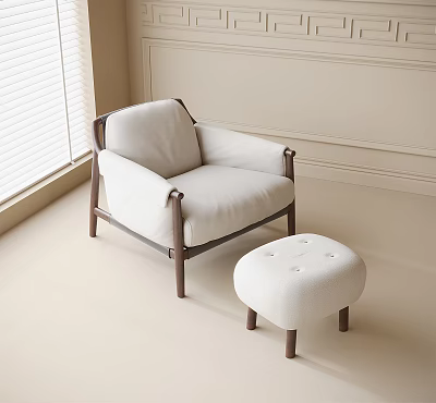 Stylish Leisure Chair With Wooden Frame White Cushion And Ottoman In Light Colored Interior 3d model