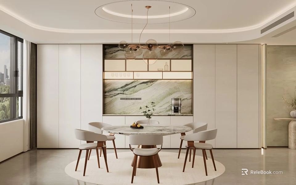 Modern Restaurant Interior Design With Round Dining Table Marble Backdrop And Ceiling Lighting 3d model