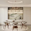 Modern Restaurant Interior Design With Round Dining Table Marble Backdrop And Ceiling Lighting 3d model