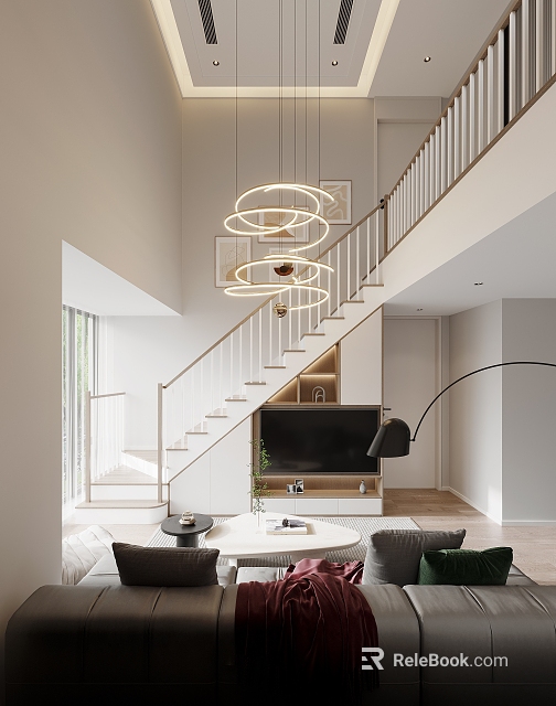 Modern Duplex Living Room With Staircase And Circular Chandelier 3d model 