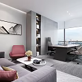 Modern Public Office Space With EKing Logo Workstations Paintings Red Sofa And White Table