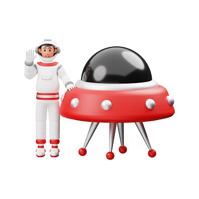 Astronaut Waving In White Suit Red Accents Next To Red UFO Black Dome Silver Legs 3d model