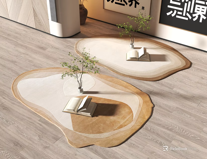 Unique Shaped Rugs In Modern Interior With Plants And Books 3d model 