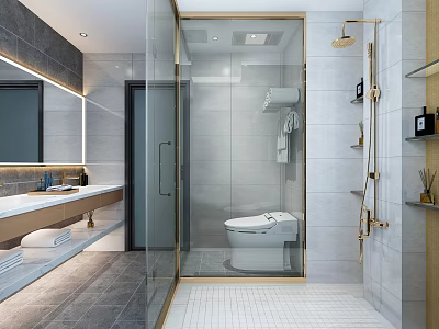 Elegant Modern Bathroom With Gold Fixtures Glass Shower Enclosure Smart Toilet And Marble Vanity 3d model