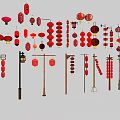 Traditional Red Lanterns Various Styles Hanging On Poles For Decorative 3d model