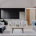 Modern Living Dining Room Interior With Gray Sofas White Dining Table Chairs And Black Tiles
