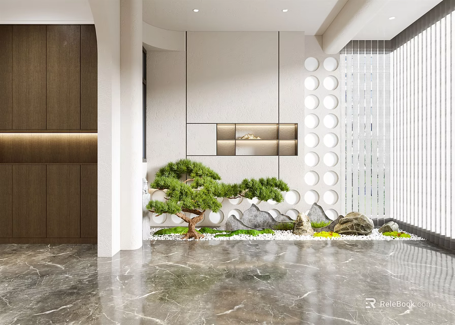 Modern Entryway Hallway Interior With Decorative Pine Tree Stone Floor And Wall Accents 3d model 